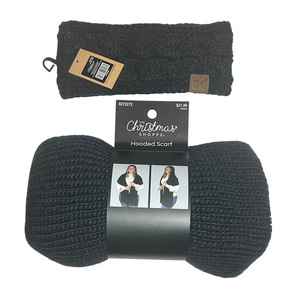 New Women's Black Cable Knit C.C Head Wrap & Hooded Knit Scarf Bundle